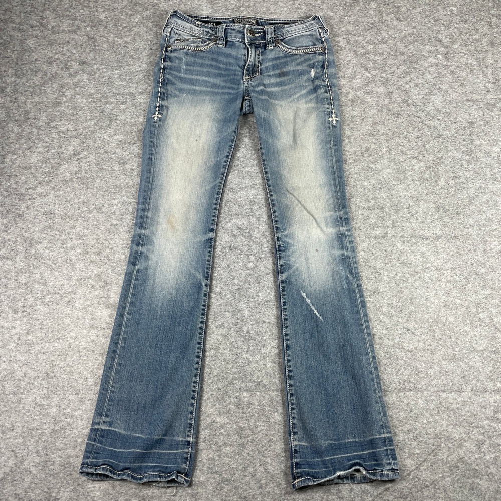 Affliction Jeans Women 27 (Fits 28x32) Blue Jade Bootcut Embroidered Studded Y2K